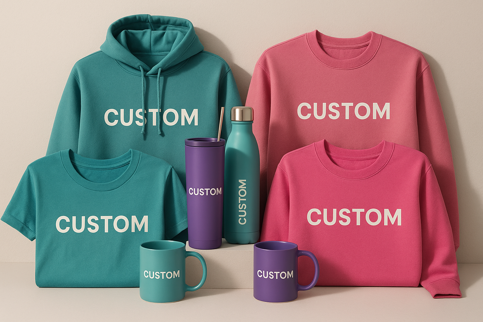 custom apparel and drinkware teals, pinks and purples